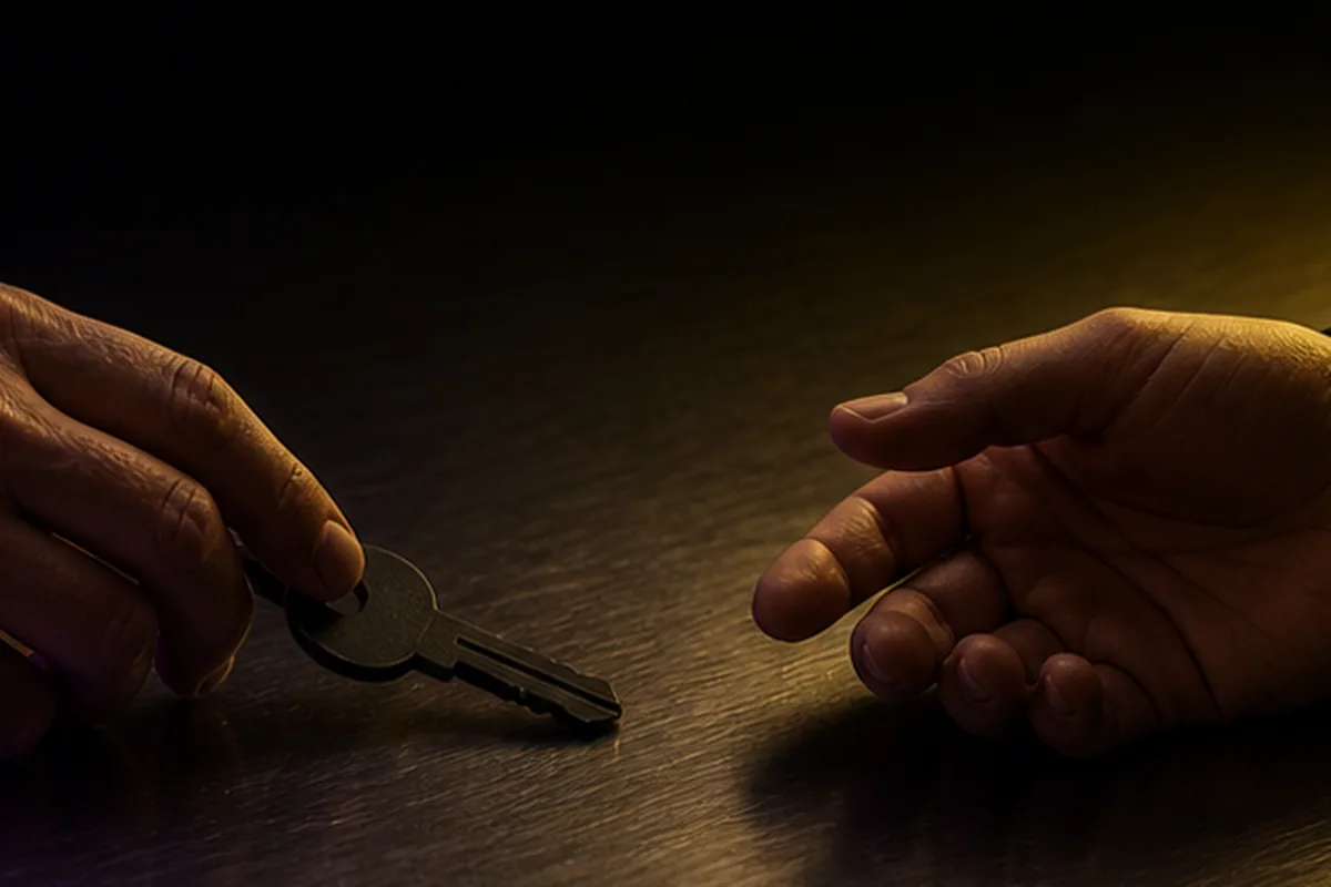 A key being handed from one hand to another across a dark table, representing account handover.