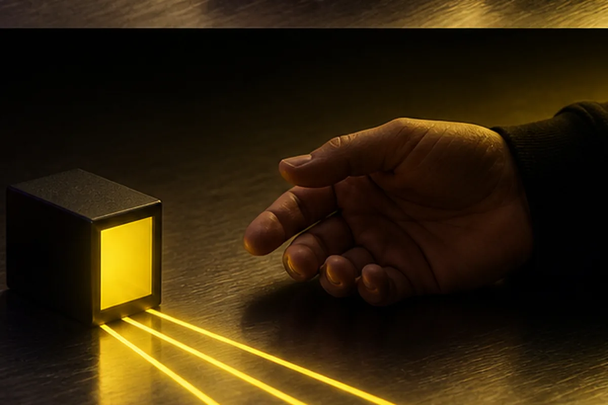A glowing cube casting beams of light toward an open hand, representing campaign setup and optimisation.