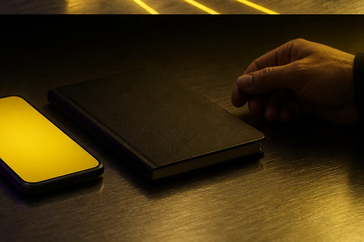 A lit phone screen beside a closed notebook on a dark table, representing your reports and dashboard.