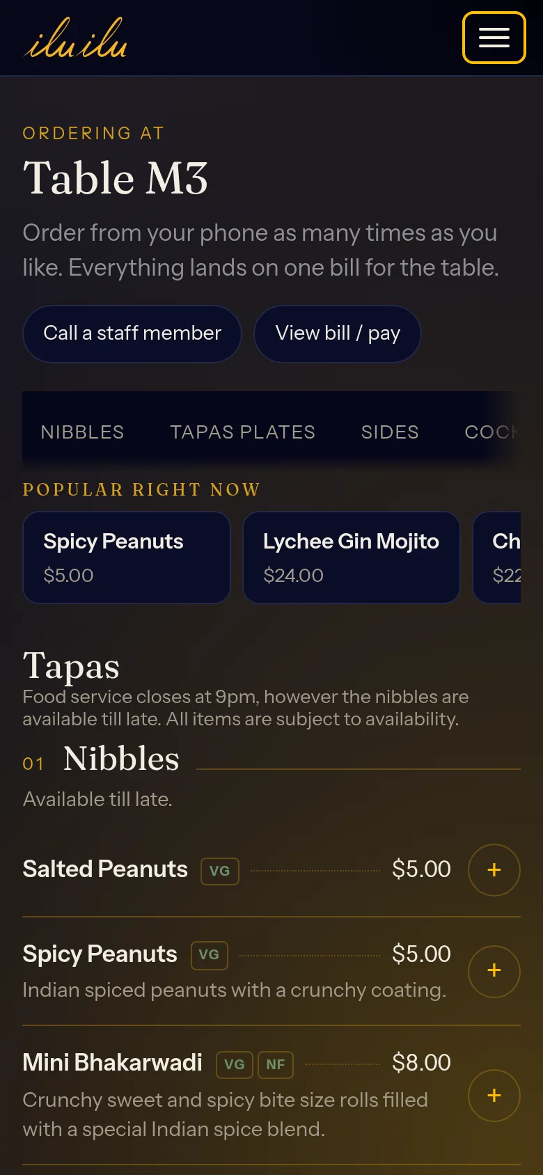 A guest's phone showing a venue's own ordering page at Table M3, with the menu ready to order from