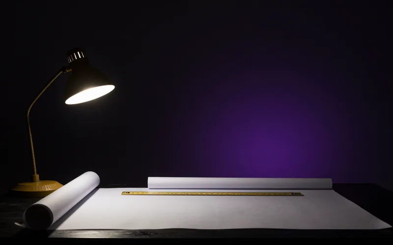 Rolled drawing and brass ruler on a dark drafting table