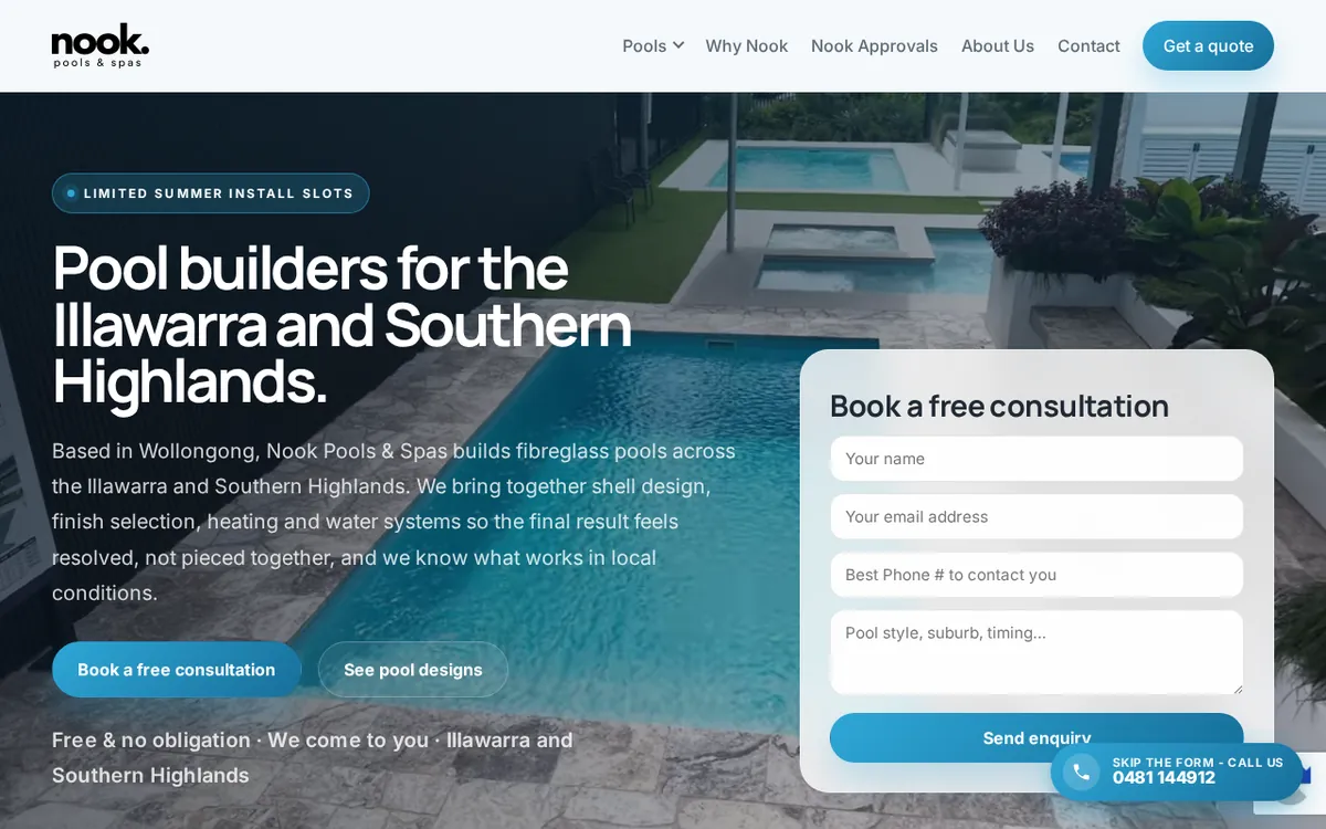 Nook Pools and Spas website homepage
