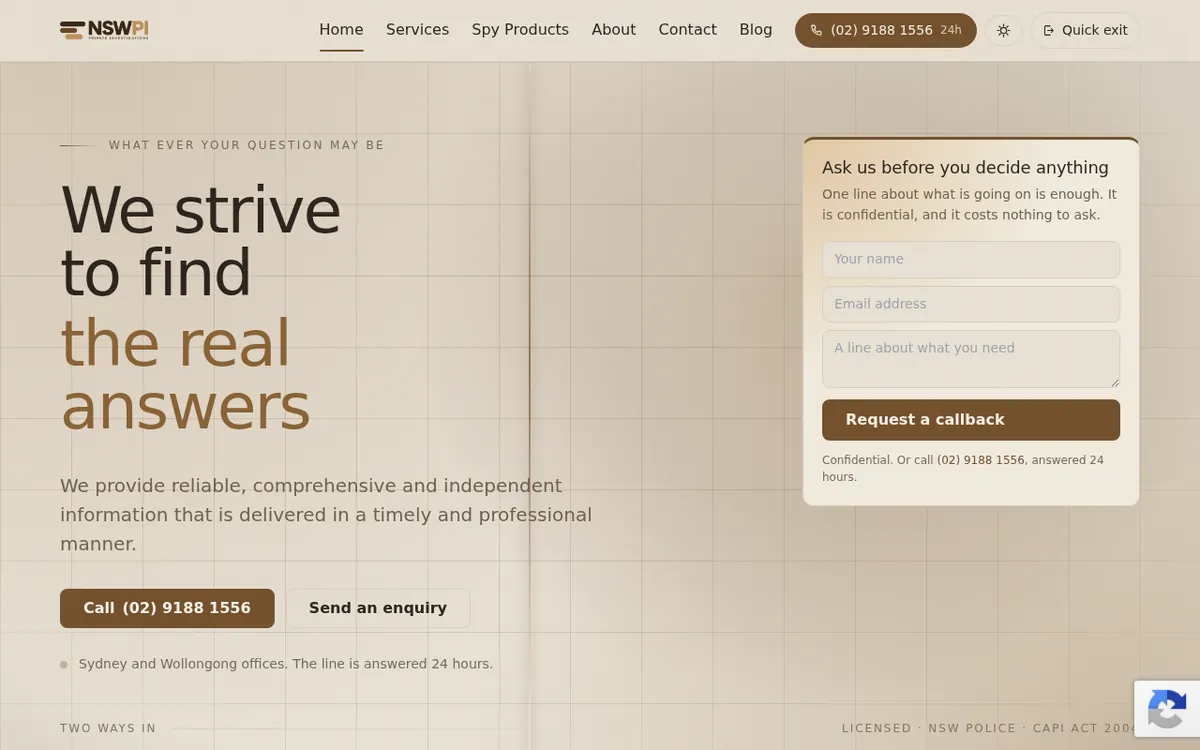 NSW Private Investigations website homepage