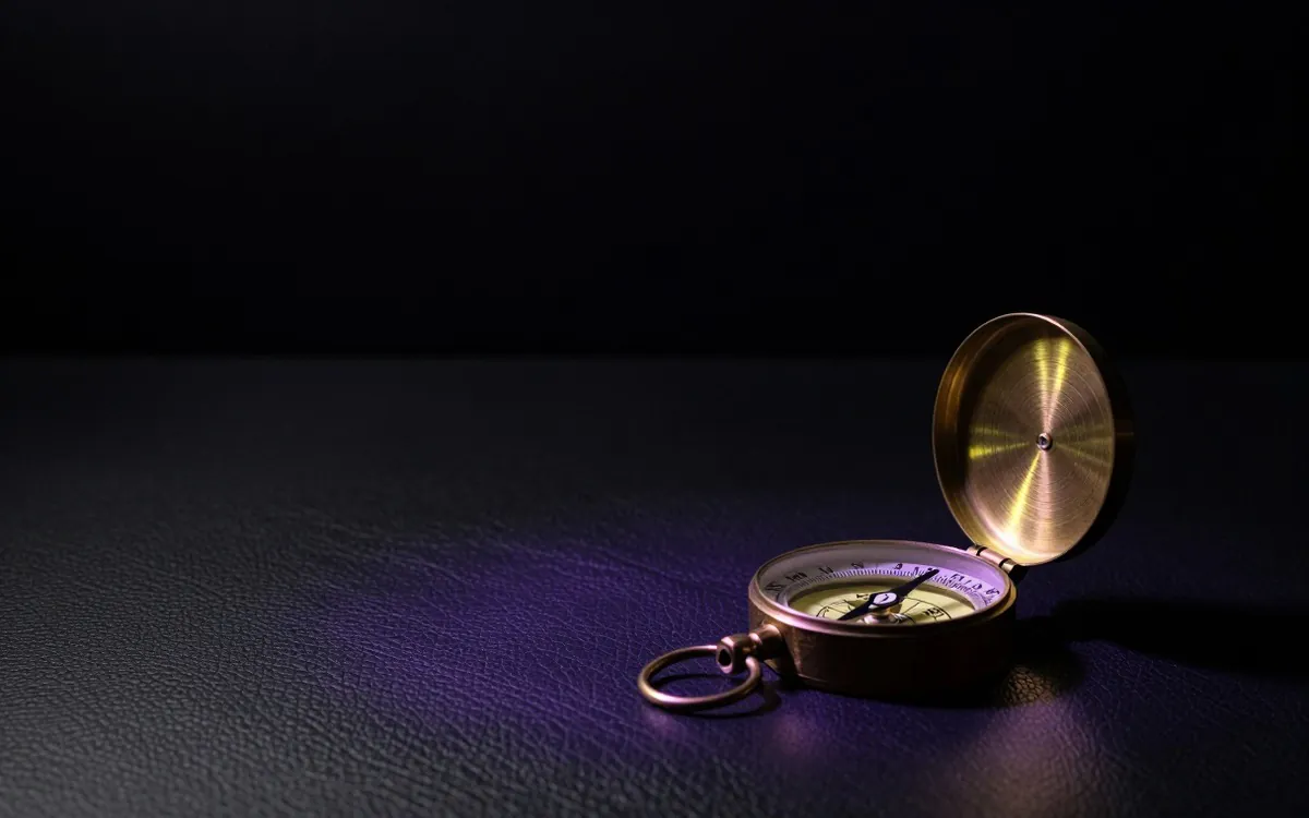 Open brass compass on black leather