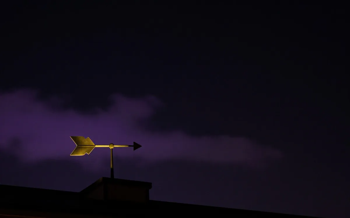 Weather vane on a dark rooftop at night