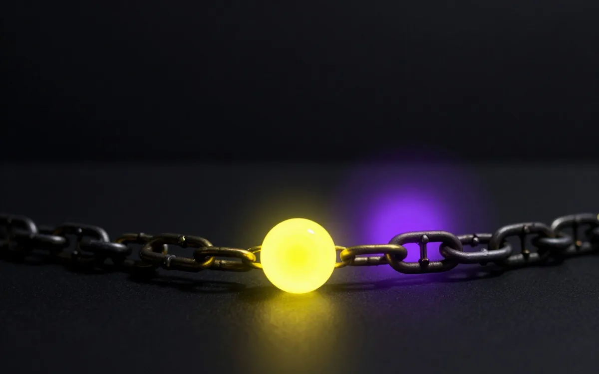 Two chains joined by a brass link, macro