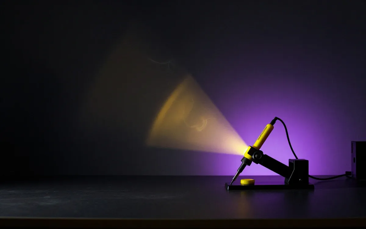 Soldering iron in a stand with a wisp of smoke