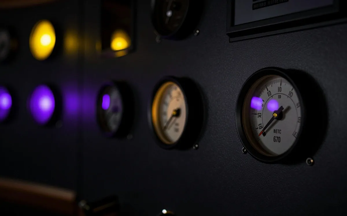 Wall of analogue gauges, one lit needle