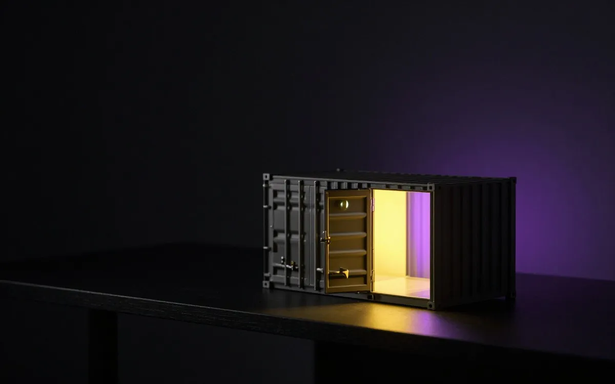 Small model shipping container with a door ajar, lit from inside