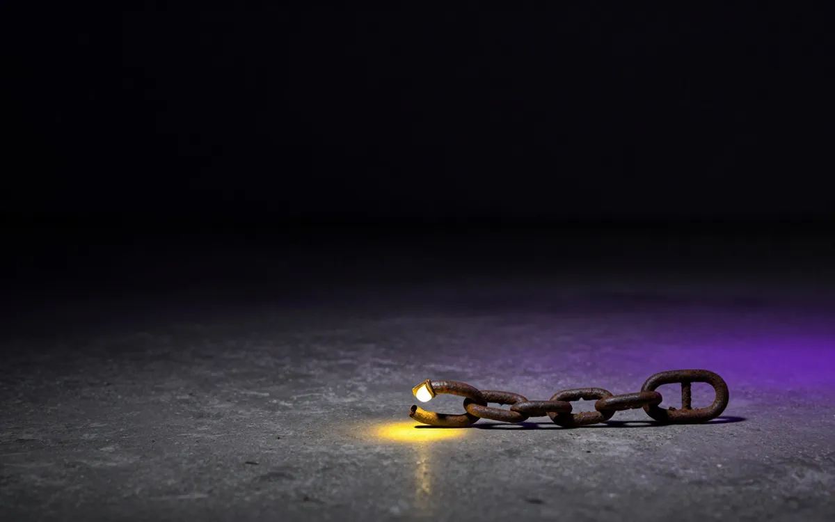 Rusted chain with a broken link on dark concrete