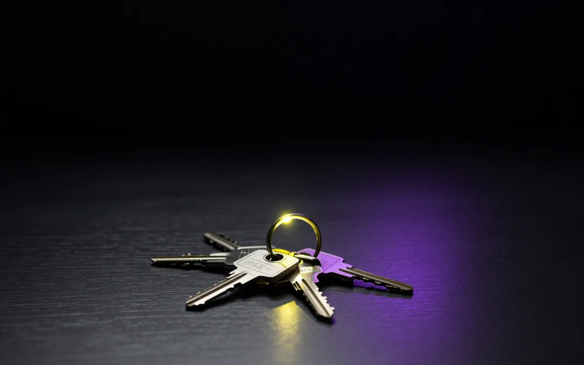 Key ring with one key separated, on dark steel