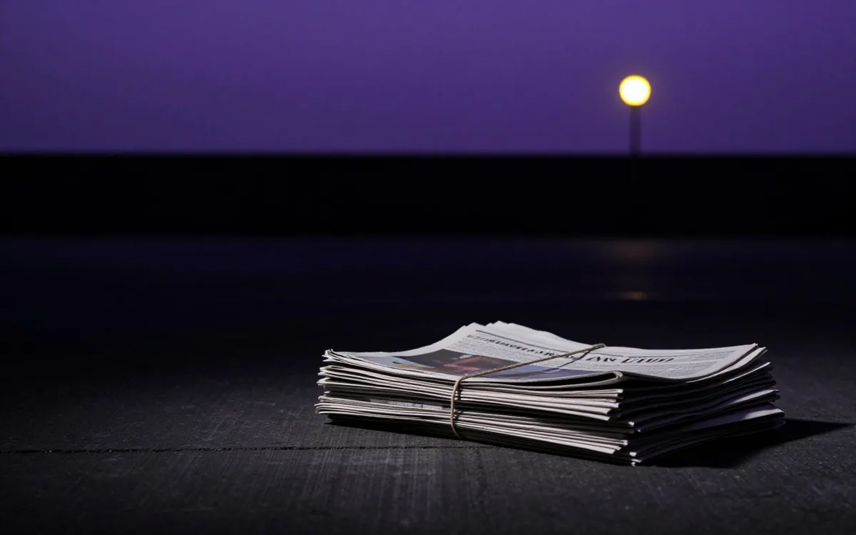 Stack of blank newspapers tied with twine on a dark dock