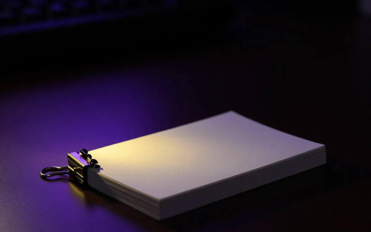 Stack of blank index cards with a brass clip on a dark desk