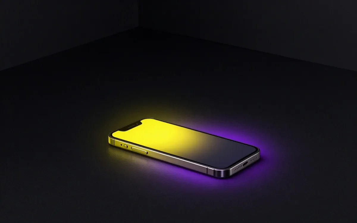 A phone lying face up on a dark table under yellow and purple light