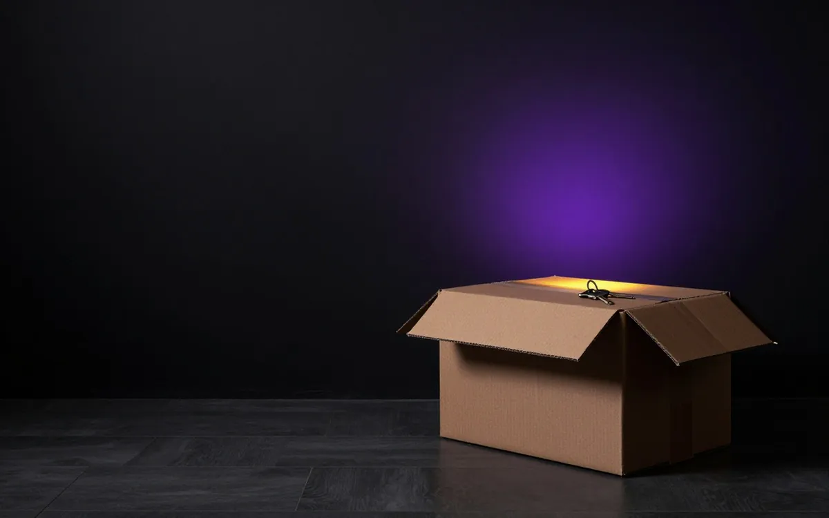 Open removals box with house keys resting on top