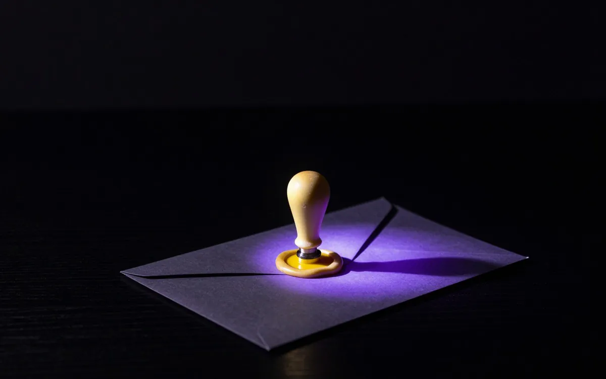 Wax seal on a dark envelope, macro
