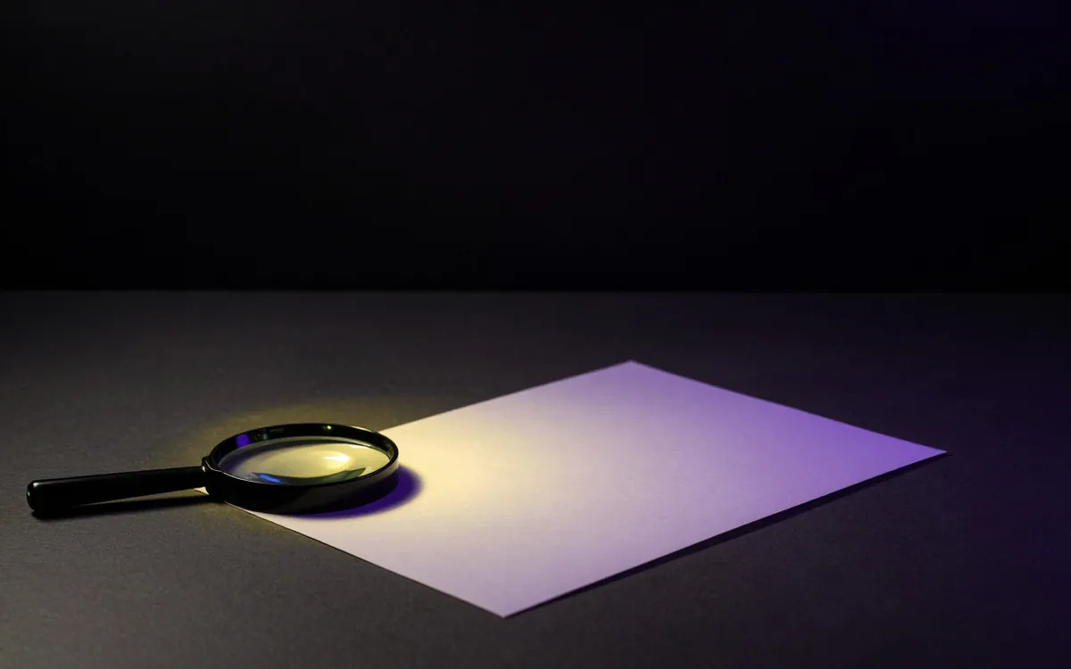 A loupe resting on a blank page on a dark desk