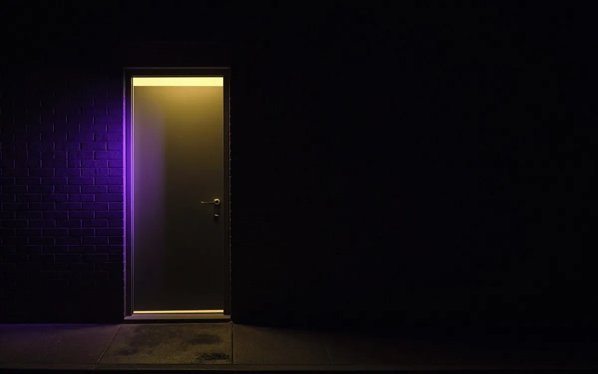 Back door left ajar at night with light through the gap